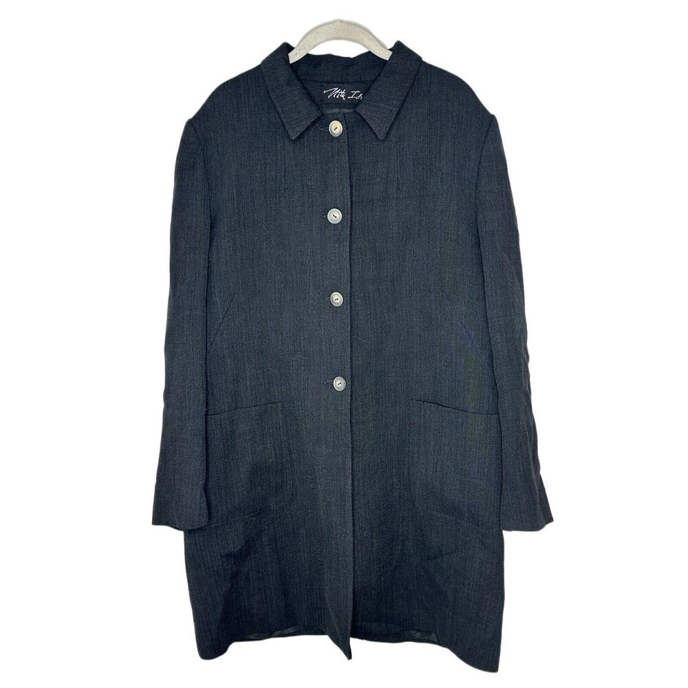 Nita Ideas Women's Gray 100% Wool Button Long Jacket Blazer Size 14